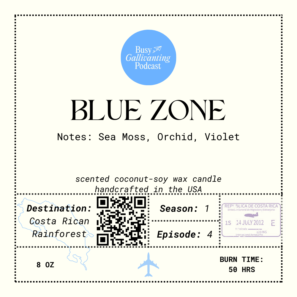 Close-Up of Blue Zone label with scent notes, description, and inspiration