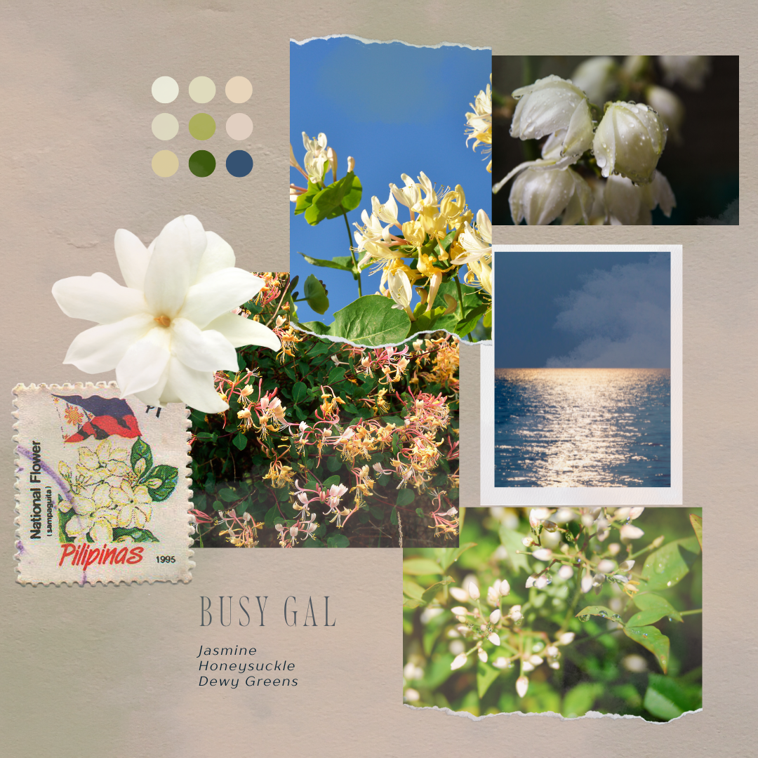 Moodboard of Busy Gal inspiration— white florals, leaves, and a vintage stamp from the Philippines